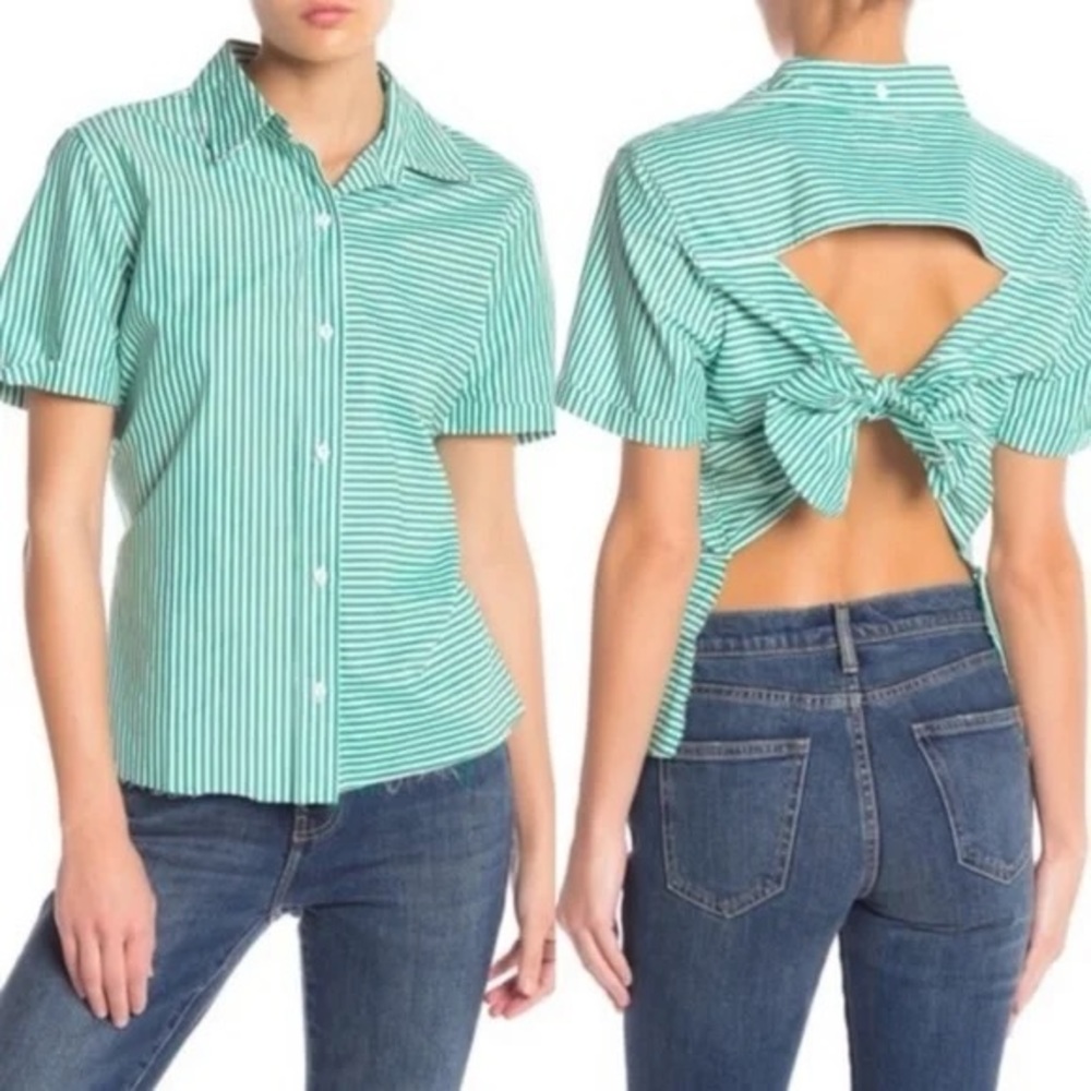 Current/Elliott Blouse Green/White Striped Tie Back Telly Button Down Size 0